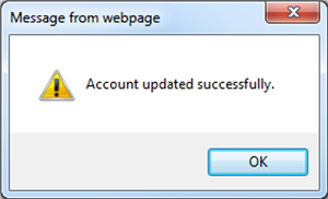 Image: Message from webpage; Account updated successfully. 